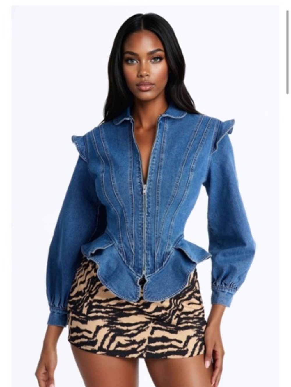 Fashion Nova Medium Blue Denim Zip-Up Peplum Jacket